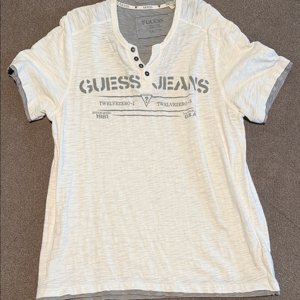 Guess White and Gray T-Shirt with Buttoned Neckline